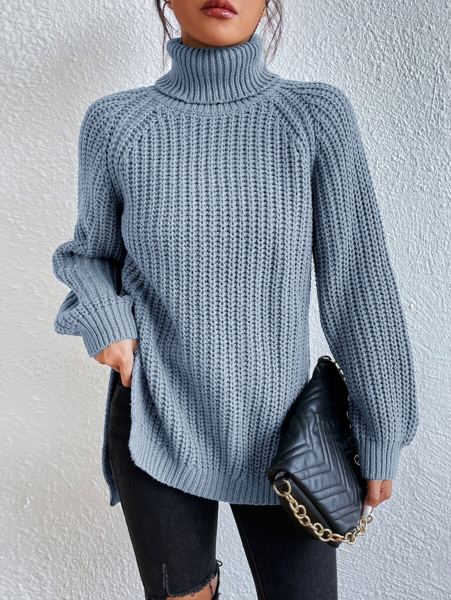 SHEIN Frenchy Turtleneck Raglan Sleeve Split Hem Jumper - Dusty Blue - View 1