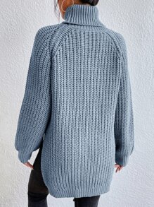 SHEIN Frenchy Turtleneck Raglan Sleeve Split Hem Jumper - Dusty Blue - View 2