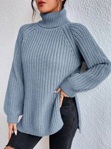 SHEIN Frenchy Turtleneck Raglan Sleeve Split Hem Jumper - Dusty Blue - View 3