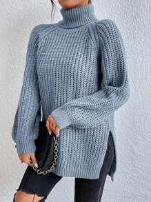 SHEIN Frenchy Turtleneck Raglan Sleeve Split Hem Jumper - Dusty Blue - View 5