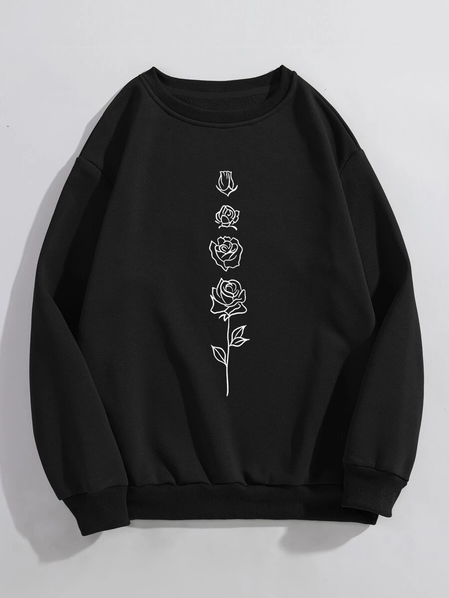 SHEIN LUNE Plus Floral Print Thermal Lined Sweatshirt - Black - View 1