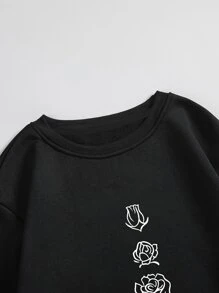 SHEIN LUNE Plus Floral Print Thermal Lined Sweatshirt - Black - View 3