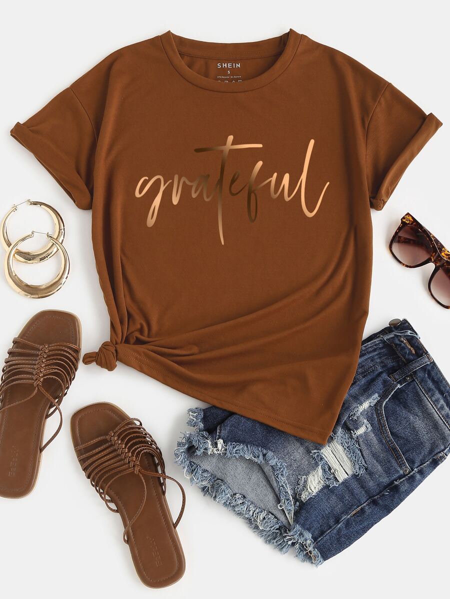 INAWLY Letter Graphic Tee, Round Neck Graphic Women T-Shirt Graphic Tees Women Tops - Brown - View 1