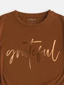 INAWLY Letter Graphic Tee, Round Neck Graphic Women T-Shirt Graphic Tees Women Tops - Brown - View 3