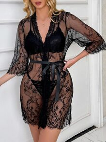 Charlaine 3pc Floral Lace Robe With Belted, Lingerie PerfectSummer - Black - View 3