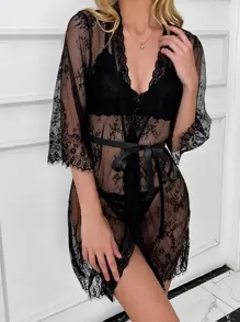 Charlaine 3pc Floral Lace Robe With Belted, Lingerie PerfectSummer - Black - View 5