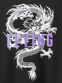 SHEIN 青少年男孩龍和字母圖形下肩連帽衫