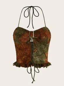 ROMWE PUNK Grunge Tie Dye Lace Up Front Ruffle Hem Cami Top - Army Green - View 1