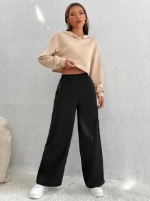 SHEIN PETITE Quần nữ Túi màu trơn Giải trí - màu đen - Xem 3