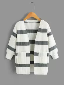 SHEIN Young Girl Striped Pattern Drop Shoulder Duster Cardigan - Black and White - View 1