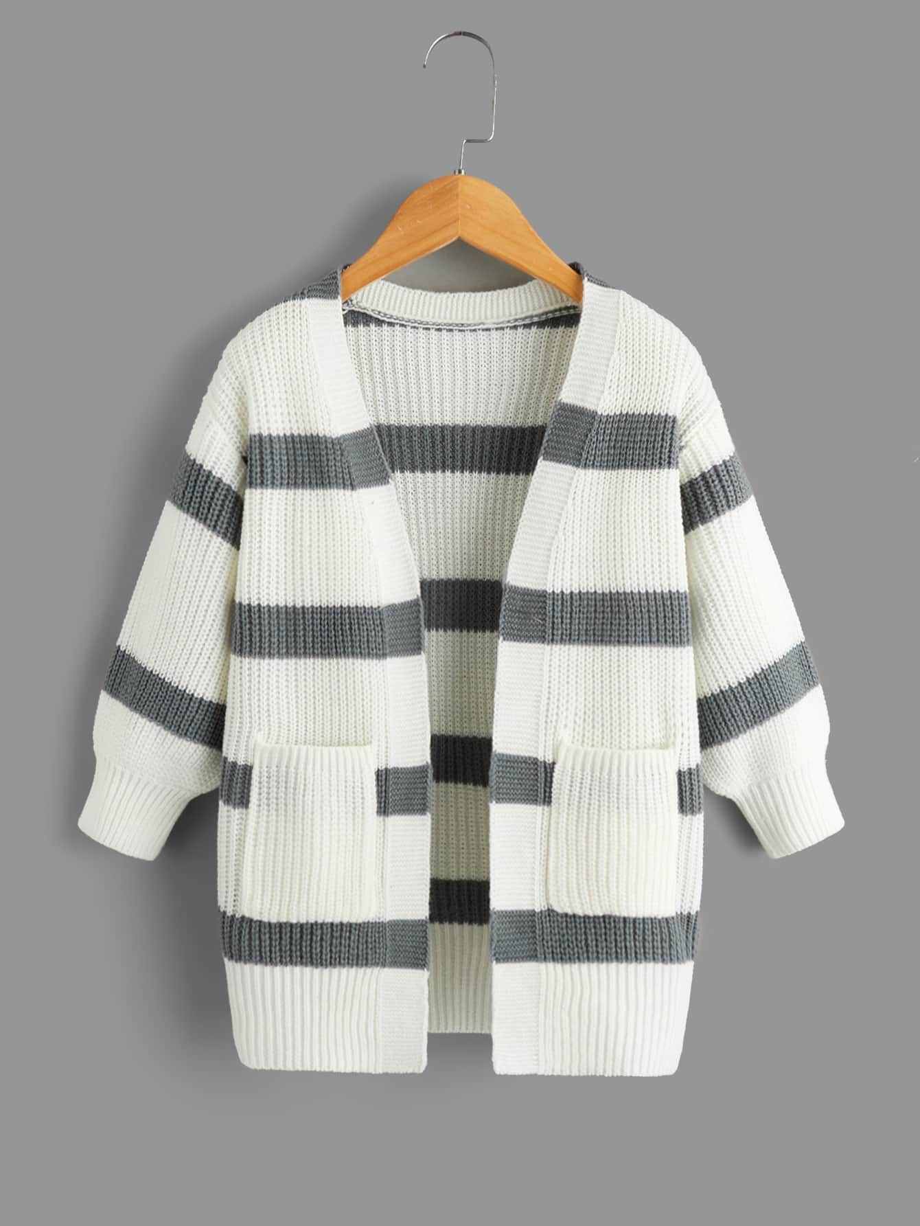 SHEIN Young Girl Striped Pattern Drop Shoulder Duster Cardigan - Black and White - View 1