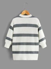 SHEIN Young Girl Striped Pattern Drop Shoulder Duster Cardigan - Black and White - View 2