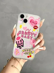 Cartoon & Letter Graphic Clear Phone Case Compatible With iPhone15/15Plus/15Pro/15Promax - Multicolor - View 1