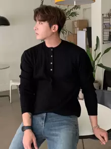 DAZY Jersey de punto acanalado con medio botón para hombre, de otoño - Negro - Ver 3