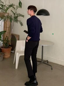 DAZY Áo len nam cổ bẻ có gân, cài nửa khuy, thích hợp cho công sở. - Màu xanh hải quân - Xem 2