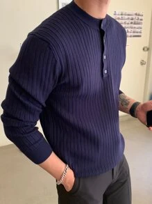 DAZY Áo len nam cổ bẻ có gân, cài nửa khuy, thích hợp cho công sở. - Màu xanh hải quân - Xem 3