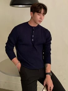 DAZY Áo len nam cổ bẻ có gân, cài nửa khuy, thích hợp cho công sở. - Màu xanh hải quân - Xem 4