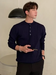 DAZY Áo len nam cổ bẻ có gân, cài nửa khuy, thích hợp cho công sở. - Màu xanh hải quân - Xem 5