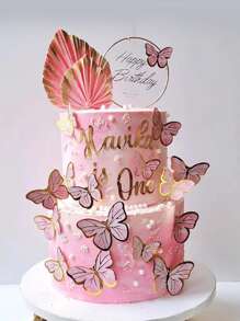 55pcs Pink Butterfly Cake Toppers For Birthday, Anniversary, Wedding, Bridal Shower - Pink - View 4