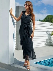 Eilly Bazar Swiss Dot Ruffle Trim Belted Dress - Black - View 3