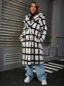 Eilly Bazar Plaid Pattern Double Breasted Teddy Coat - Black and White - View 1