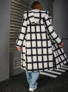 Eilly Bazar Plaid Pattern Double Breasted Teddy Coat - Black and White - View 2