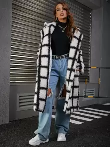 Eilly Bazar Plaid Pattern Double Breasted Teddy Coat - Black and White - View 3