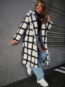Eilly Bazar Plaid Pattern Double Breasted Teddy Coat - Black and White - View 5