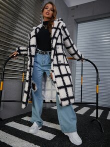 Eilly Bazar Plaid Pattern Double Breasted Teddy Coat - Black and White - View 6