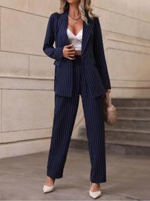 Chiquease Striped Print Blazer & Trousers - Navy Blue - View 6