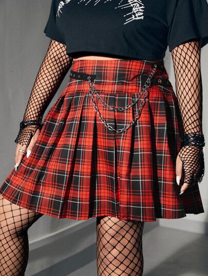 Grunge Punk Plus Tartan Chain Detail Pleated Skirt