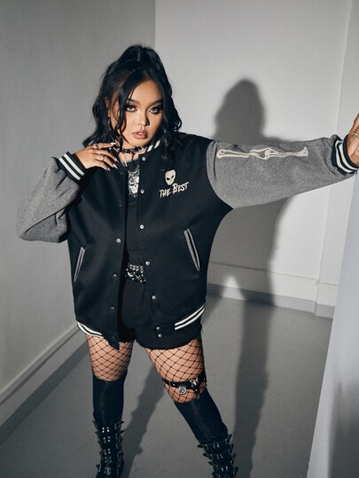 Grunge Punk Plus Letter Graphic Striped Trim Drop Shoulder Varsity Jacket