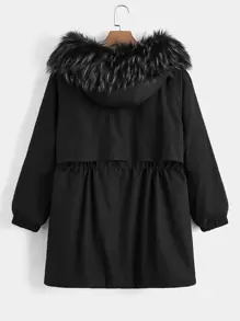 Flirla Plus Fuzzy Trim Drawstring Waist Hooded Parka Padded Coat, For Winter Clothes - Black - View 2