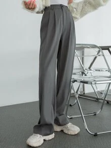 DAZY Plicated Front High Waist Suit Trousers - Dark Grey - View 1