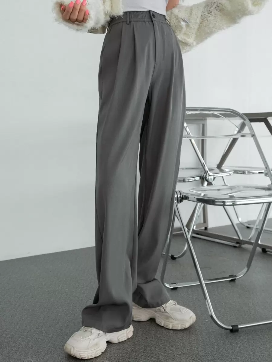 DAZY Plicated Front High Waist Suit Trousers - Dark Grey - View 1