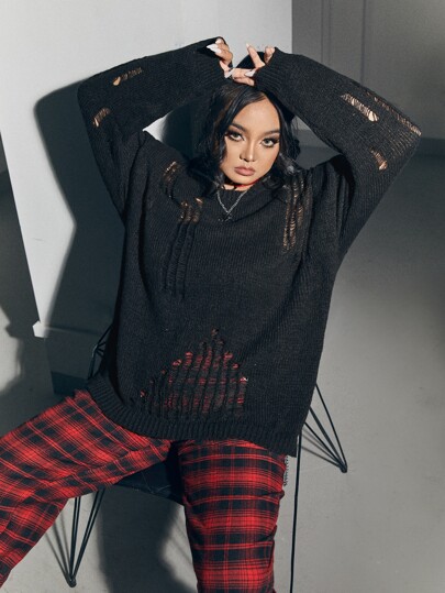 Grunge Punk Plus Distressed Drop Shoulder Sweater