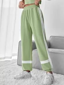 SHEIN EZwear Contrast Panel Elastic Waist Sweatpants - Mint Green - View 1