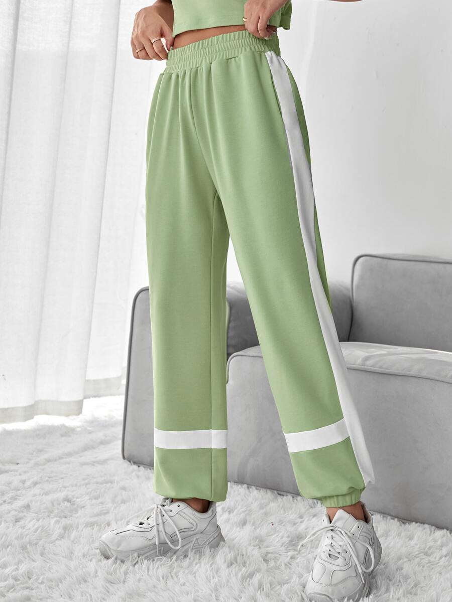 SHEIN EZwear Contrast Panel Elastic Waist Sweatpants - Mint Green - View 1