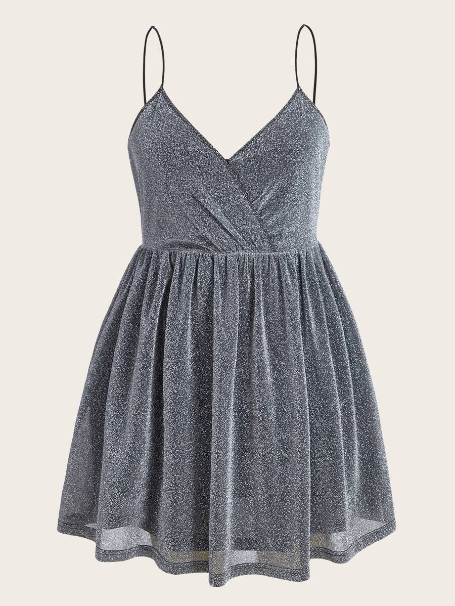SHEIN CURVE+ Plus Glitter Cami Dress - Silver - View 1