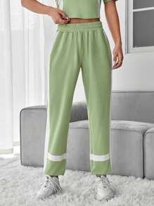 SHEIN EZwear Contrast Panel Elastic Waist Sweatpants - Mint Green - View 3