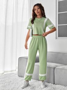 SHEIN EZwear Contrast Panel Elastic Waist Sweatpants - Mint Green - View 4