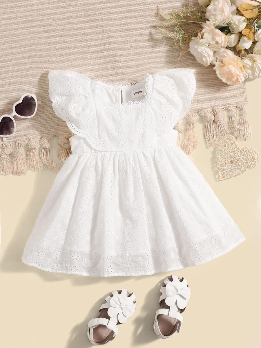 SHEIN Bebé Vestido de fiesta con bordado con ojal ribete con fruncido - Blanco - Ver 1