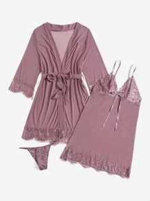 3 set quần lót ren hoa kèm áo choàng có thắt lưng, bộ đồ lót - Màu tím - Xem 5