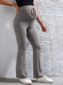 SHEIN Maternity Tie Waist Rib Knit Trousers - Grey - View 4
