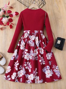 SHEIN Girls' Long Sleeve Floral Dress With Gathered Waist And A-Line, New Arrival For Autumn And Winter, Perfect For A  Vacation - Red - View 2