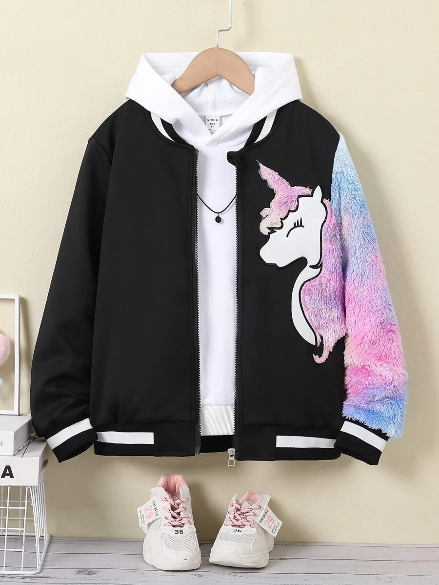 Girls Unicorn Print Contrast Teddy Bomber Jacket Without Hoodie - Black - View 1