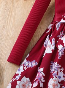 SHEIN Girls' Long Sleeve Floral Dress With Gathered Waist And A-Line, New Arrival For Autumn And Winter, Perfect For A  Vacation - Red - View 6