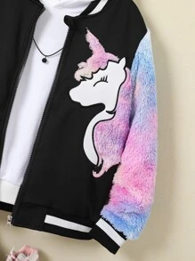 Girls Unicorn Print Contrast Teddy Bomber Jacket Without Hoodie - Black - View 5