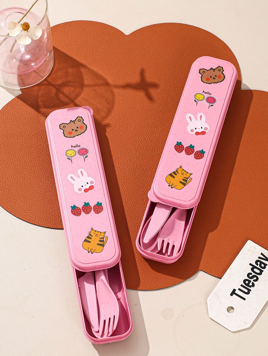 3入組便攜餐具套裝帶收納盒和貼紙 - 彩色 - 查看 1