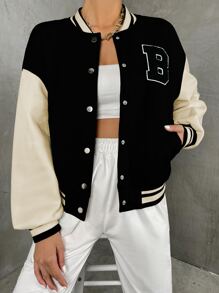 SHEIN Unity Chaqueta de béisbol casual de mujer con estampado de letras y hombros caídos, para otoño/invierno - Negro - Ver 1